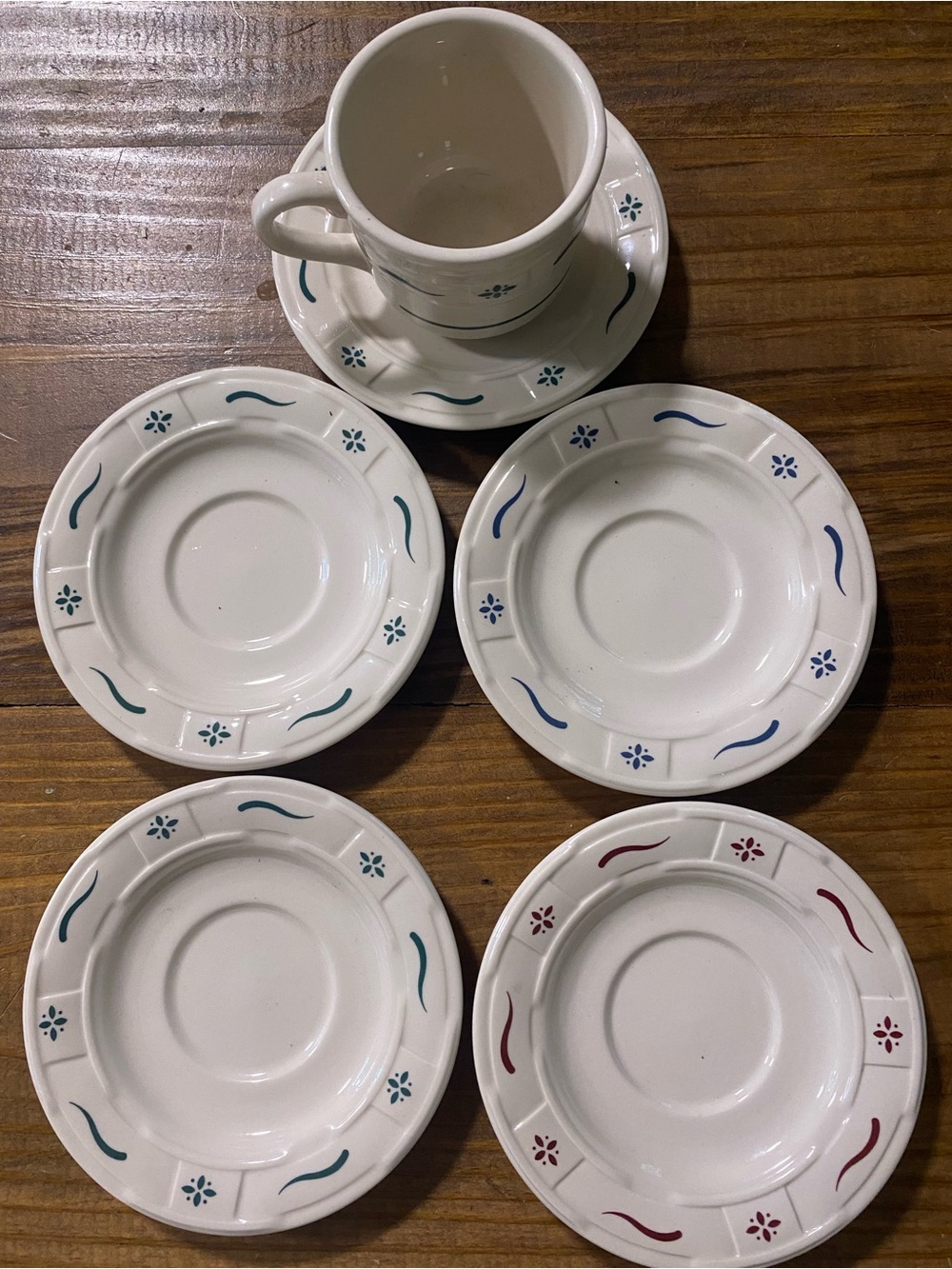 Longaberger Misc Colors Saucers and a Cup Green Blue Red 6 pieces